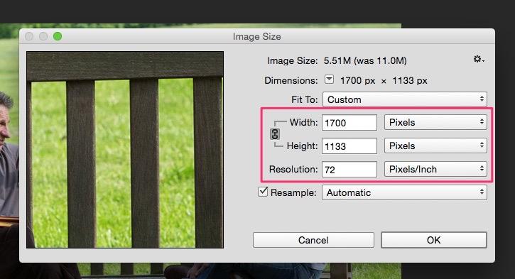 Resizing an Image Open the original image in Photoshop. Select Image > Image Size. If not already selected, click the clip on the left to maintain the aspect ratio while adjusting the size.