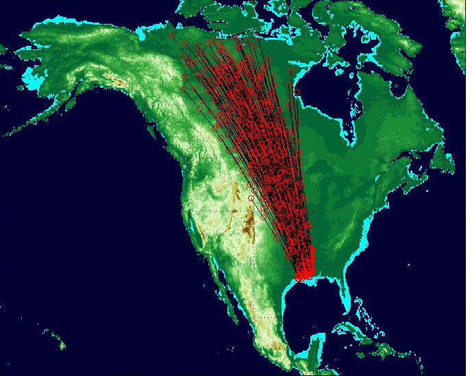 A Figure 3. Migration routes of (A) simulated population of 10 000 birds flown through a landscape of variable refueling potential with no evolutionary learning and (B) after 10 generations, i.e., with evolutionary learning.