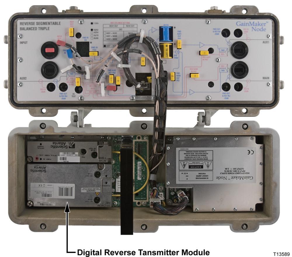 Digital Reverse System Overview The transmitter module uses the same style housing as the optical receivers and transmitters, except that it uses a double-wide module