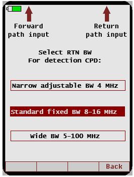 The user can view all the peaks in the CPD response, which are indicated by markers on the LCD screen. When selecting Passive CPD radar from the main menu you are presented with three options.