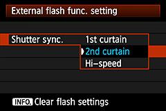 To perform setting using the camera, select [Shutter sync.] from [External flash func. setting] and choose the item.