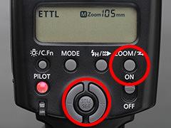 To perform setting on the camera, select [Zoom] in the [External flash function settings] menu, and choose a focal length (angle of view).