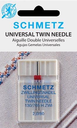 UNIVERSAL TWIN Size: 1.6/70, 1.6/80, 2.0/80, 2.5/80, 3.0/90, 4.0/80, 4.0/90, 4.0/100, Assorted Feature: Two Universal needles mounted on one shank create two rows of stitches simultaneously.