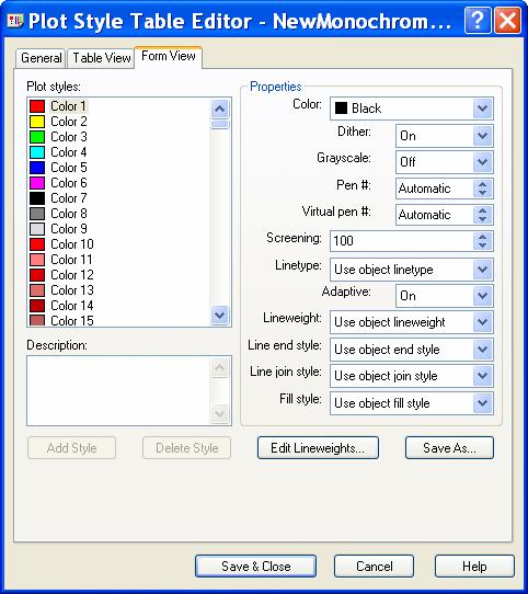 Editing the Plot Style The default view for the Plot Style Table Editor is form view. This is the view that offers the quickest access to options.