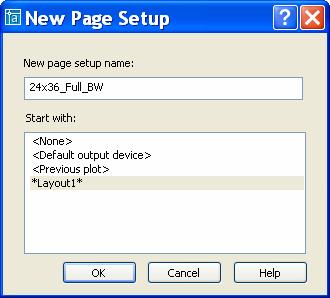The options in the Page setup Manager are to create a new named page setup, modify an existing setup, or import one or more page setups from another drawing.