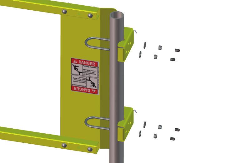 Adjust hoop/gate arm to proper opening width by selecting any combination of two of the three carriage bolt holes at connection