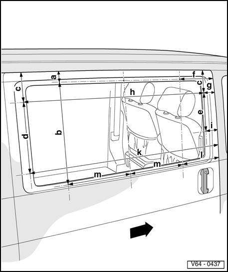 64-53 Sliding door, right (left is mirror image) Note: Front outer edge and upper edge of sliding door are used as reference points. Arrow points in driving direction. Dimensions: -a- = 55 mm (2.