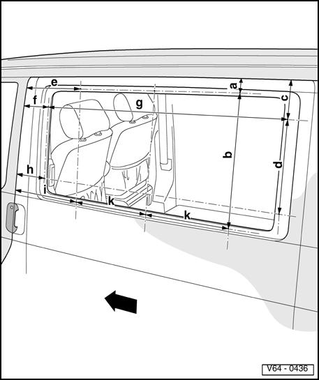 64-54 Side panel, left (right is mirror image) Note: Front edge of B-pillar and roof edge are used as reference points. Arrow points in driving direction. Dimensions: -a- = 52 mm (2.04 in.