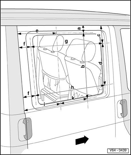 64-55 Double cab door, right (left is mirror image) Note: Rear outer edge and upper edge of hinged door are used as reference points. Arrow points in driving direction. Dimensions: -a- = 52 mm (2.