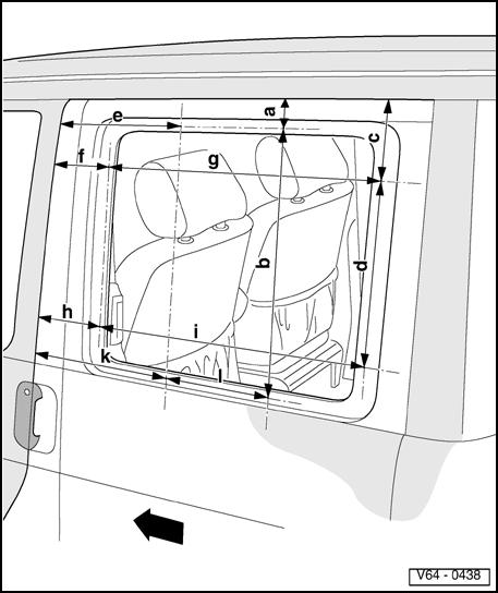 64-56 Double cab side panel, left (right is mirror image) Note: Front edge of B-pillar and roof edge are used as reference points. Arrow points in driving direction. Dimensions: -a- = 55 mm (2.16 in.