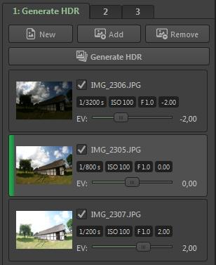 Editing the EV values for a 3-photo HDR photo sequence. The photos are automatically sorted by the EV values, from smallest to highest.