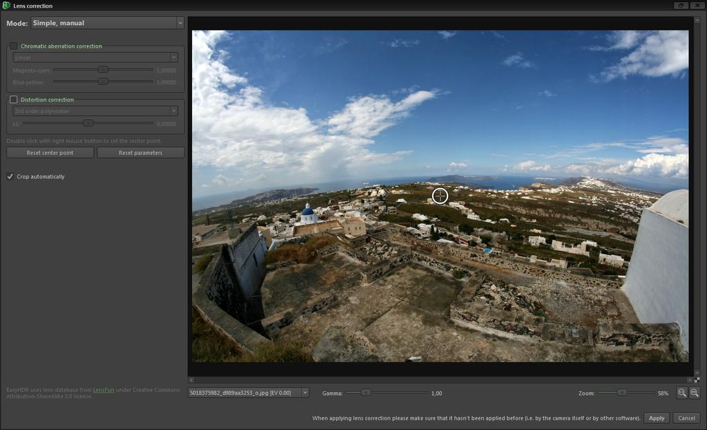 Note: The Generate HDR window offers a possibility to use automatic lens correction.