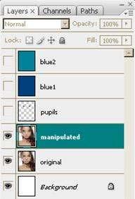 Pupil Size Select the Manipulated Layer Filter>Liquify. Uncheck "Show Backdrop" and adjust to the settings show below.