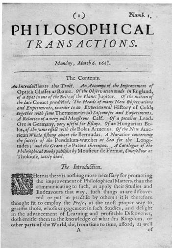 First Scientific Journal 6th March 1665 Philosophical Transactions of the Royal Society Ed.