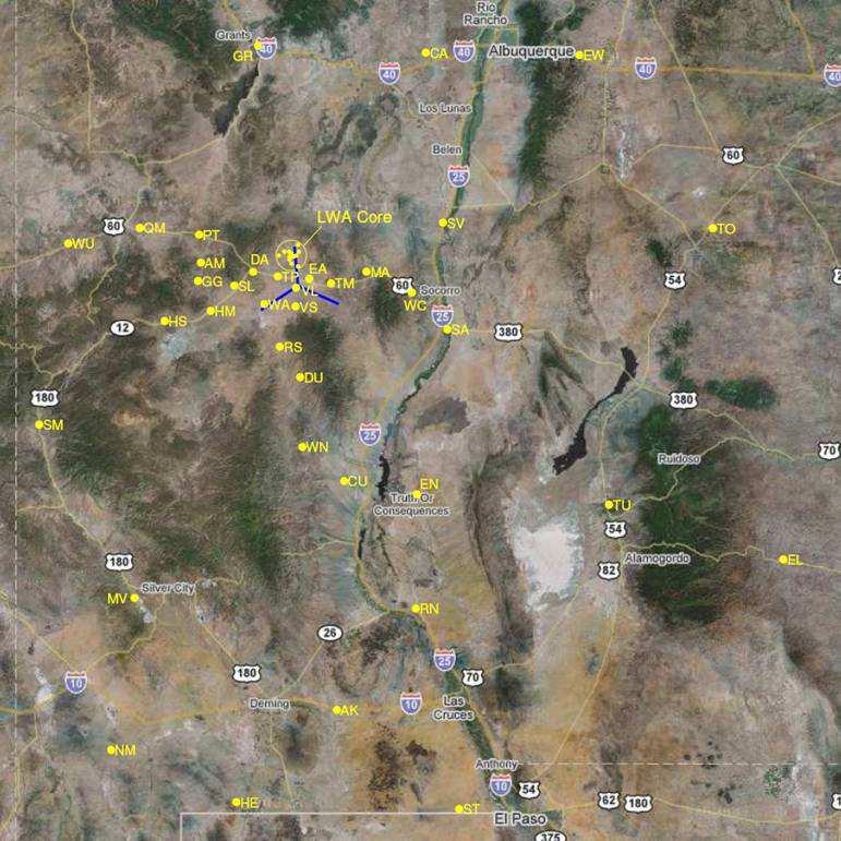 Figure 1: Planned LWA station locations across the state of New Mexico. The Y of the EVLA is shown in blue. capture and record the output of all A/Ds, where each A/D corresponds to one antenna.