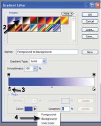 In the Presets section of the Gradient Editor dialog box, select a gradient on which to base your new gradient. 3. To choose colors for your gradient, double-click the color stop. 4.
