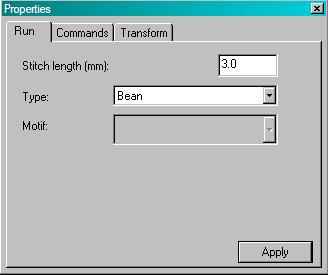 Select the Transform tab. Type 159mm next to the Height field. Click on Apply. 12. Choose the Run tab to change the type of stitch. Under Type, click on the down arrow and choose the Bean stitch.