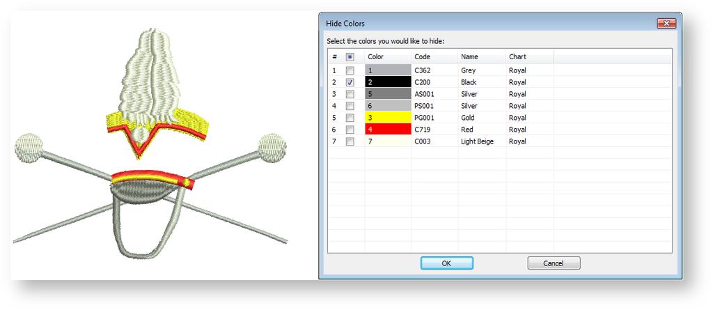 View designs Hide selected colors The Hide Colors function lets you view embroidery objects by color. This is useful when resequencing color blocks.