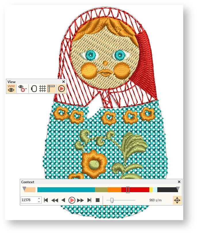 View designs Simulate design stitchout Use View > Stitch Player to simulate embroidery design stitchout onscreen in either stitch or TrueView.