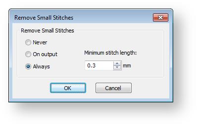 Design settings Eliminating small stitches Small stitches can damage fabric and cause thread or needle breakage. Before you stitch out, unwanted small stitches can be automatically removed.