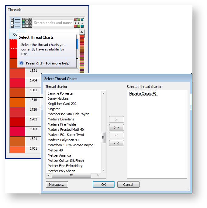 Design colors Click Select Thread Charts and use the dialog to select your current/preferred thread chart/s.