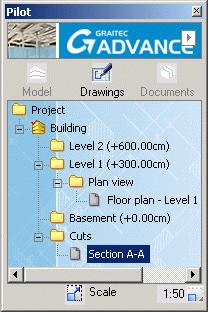 Instructions In the Pilot, click Drawings. Explanations Select Floor plan Level 1 (+300 cm). Press and hold down the left mouse button. Move the mouse and drag the view onto the layout.