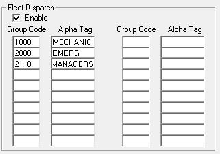 FLEET DISPATCH GROUP CODES Fleet Dispatch Group Codes are used to place and receive group calls when the Fleet Dispatch is enabled.