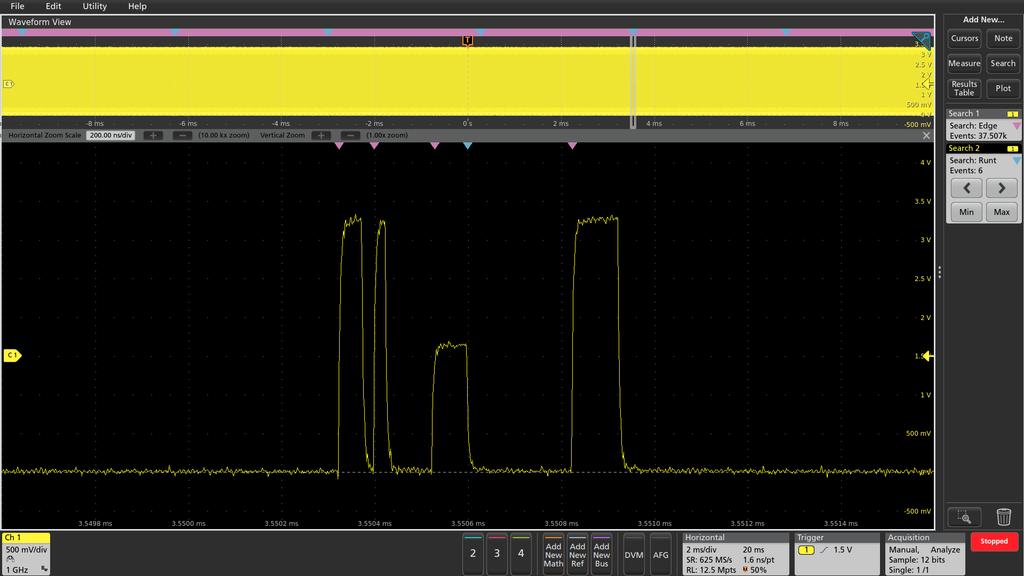 6 Series MSO Navigation and search Finding your event of interest in a long waveform record can be time consuming without the right search tools.