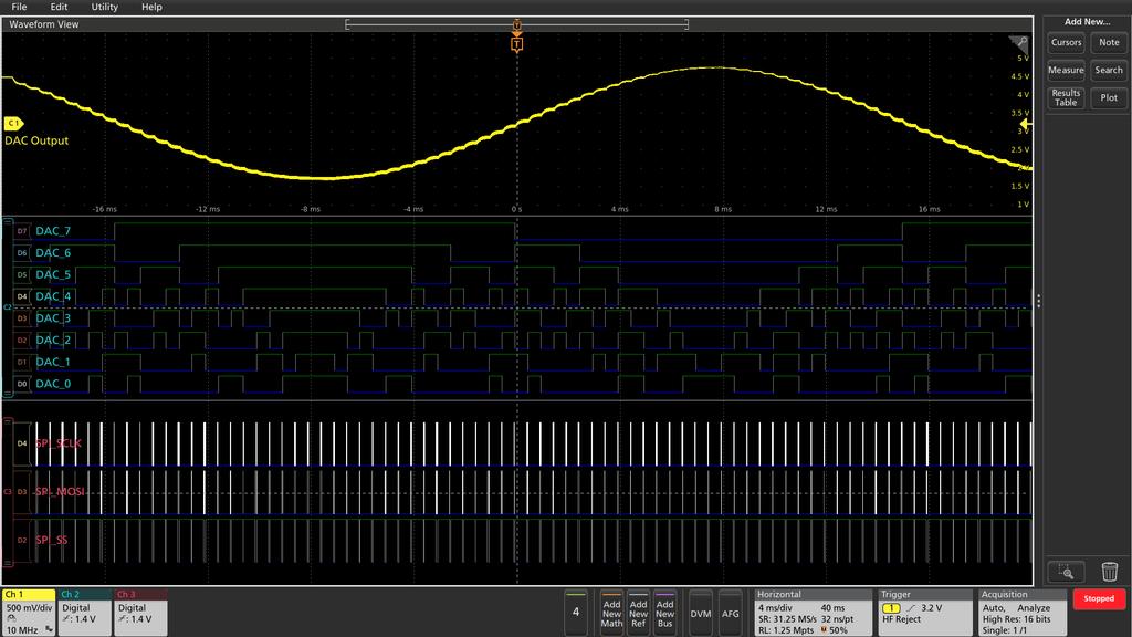 Datasheet FlexChannel 2 has a TLP058 Logic Probe connected to the eight inputs of a DAC. Notice the green and blue color coding, where ones are green and zeros are blue.