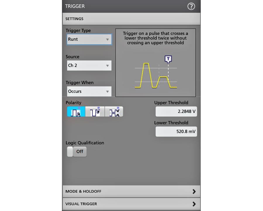 Exceptionally easy-to-use user interface lets you focus on the task at hand The Settings Bar - key parameters and waveform management Waveform and scope operating parameters are displayed in a series