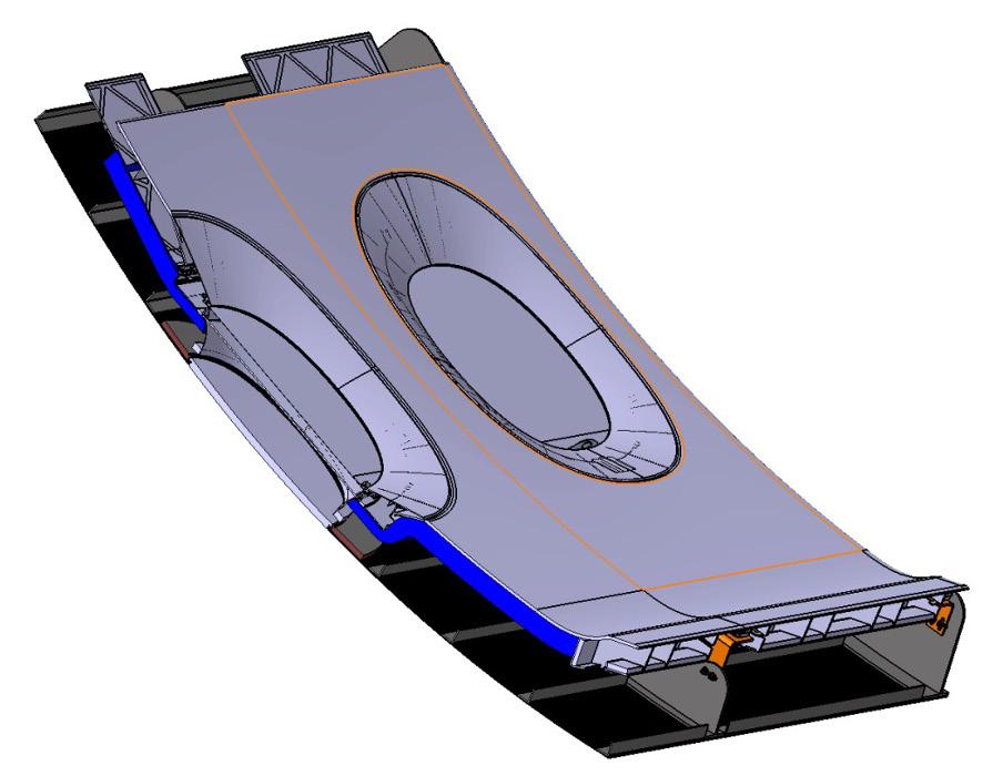 CFRP fuselage panel with three zones of increasing skin thickness (left) and Airbus A350 side panel coupled to fuselage with secondary thermo-acoustic isolation in blue (right).