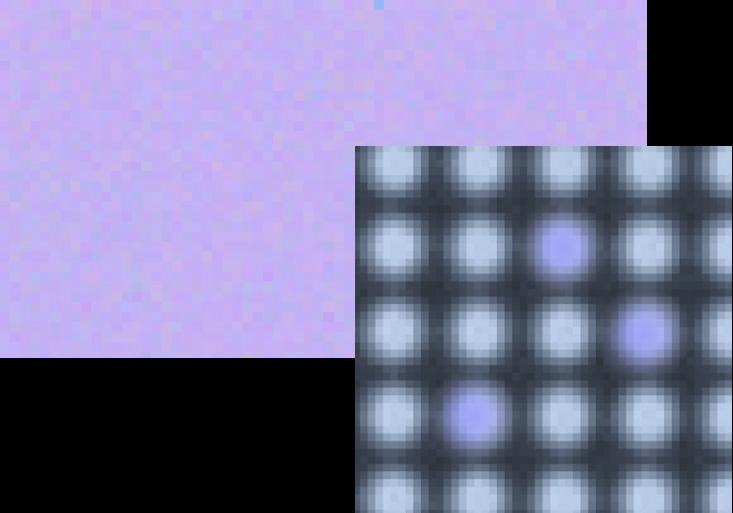 Figure 5 - A measurement image (top) and analysis image (bottom) of a display with pixel defects including dead pixels, stuck-on pixels, and other particle-like defects.