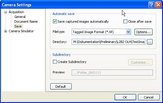 The user interface: components NOTE 6) Select the Create Subdirectory check box to have images that belong together automatically saved in their own separate directory.
