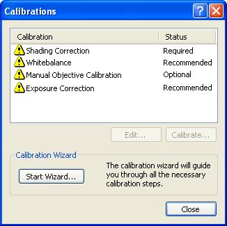 First time configuration of the system This dialog box will show you the status of all calibration processes.