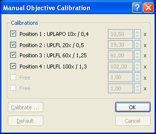 First time configuration of the system When the last objective calibration has been carried out, the Manual Objective Calibration dialog box will open.