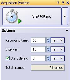The user interface: components Acquisition Process Use this tool window to configure how a time stack is to be acquired. Clicking the Start t-stack button will start the acquisition.