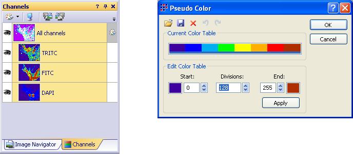 The user interface: components In this display mode, click the field to the right of the superimposed image to open the Pseudo Color dialog box.