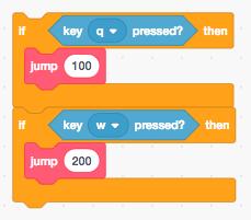 (in More Blocks) named "jump" to reuse the same code for different height jumps We can assign different key