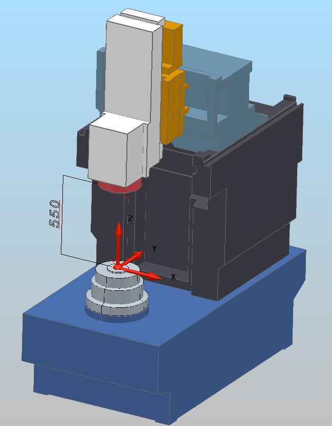 The following graphic shows: Centre of table: X=0 Y=0 Z=0 Centre of nose spindle: X=0 Y=0 Z=550 The position of the Z axis component from the World Workplane must be measured and recorded in