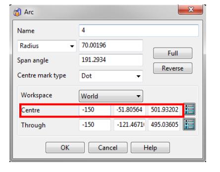 Editing the arc gives the centre point coordinates: The global coordinate system (GCS) must be activated and be located in the centre of the table (X=0 Y=0 Z=0).