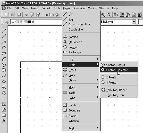 1-22 AutoCAD LT 2007 Tutorial Creating Circles The menus and toolbars in AutoCAD LT 2007 are designed to allow the CAD operators select the different Draw commands through the pull-down menus.