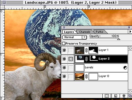 The earth layer is the first layer in the Layers Window. It is blocking the goat image. What we really want is the Earth Layer positioned in between the Layer and the Landscape Layer.