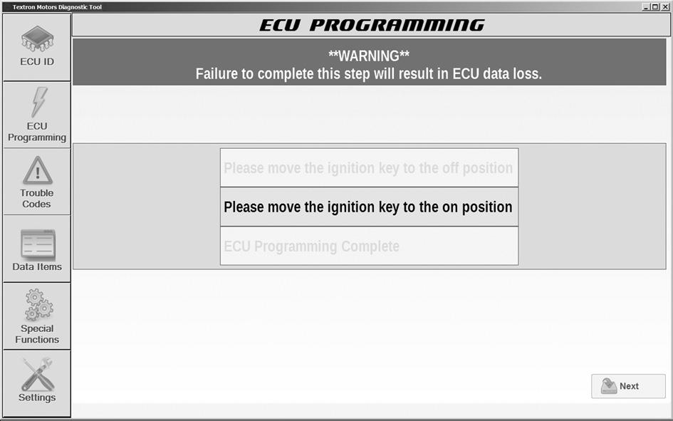 5.4 Screen engine control unit programming (ECU Programming) If the message "Please move the ignition key to the off