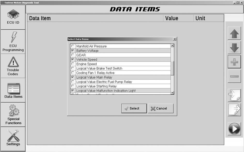 5.6 Screen data items Select the desired data items 4.