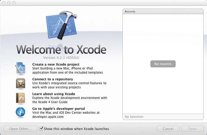 CHAPTER 1: Preparing the Design Environment 17 Once the installation is complete, the Xcode Welcome page will display, as shown in Figure 1-14. An Xcode icon will be added automatically to the dock.