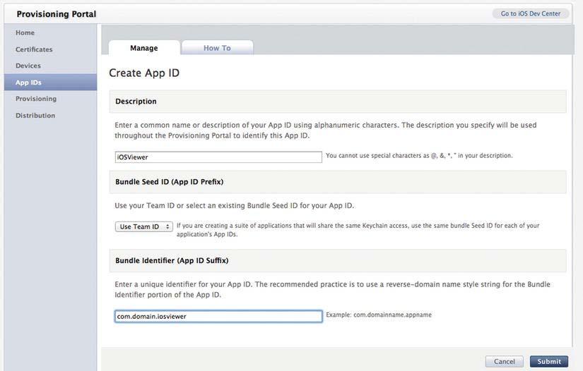 CHAPTER 1: Preparing the Design Environment 25 Figure 1-23. New App ID 3. Create a provisioning profile for the ios Viewer. Click Provisioning Development New Profile.