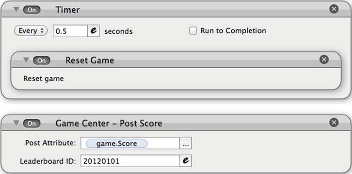 CHAPTER 9: Bonuses, Game Center, and iad: Break a Wall 303 Open the End actor in the Actor Editor. Drag and drop a Game Center -- Post Score behavior into the rule. The attribute to post is game.