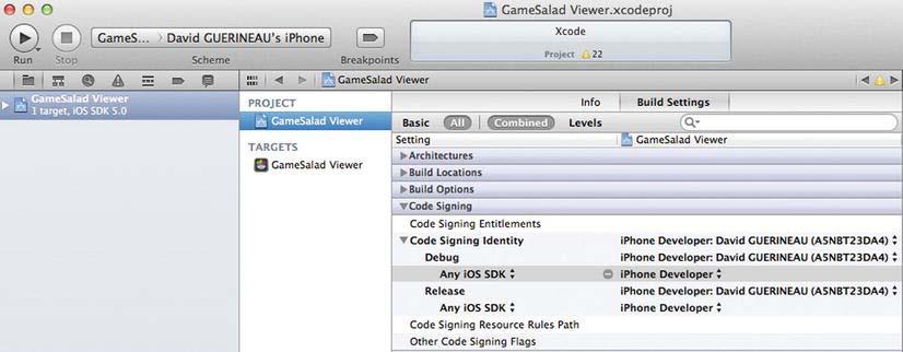 28 CHAPTER 1: Preparing the Design Environment Figure 1-26. Changing code signing Are you ready to run iosgameviewer?