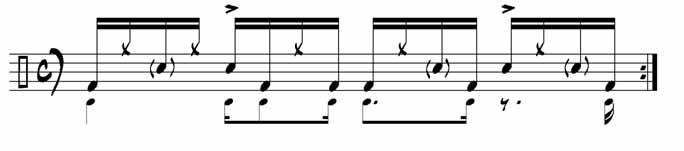 Notice in Example F I have added the bass drum and hi-hat on beat 1 to give a different feel.