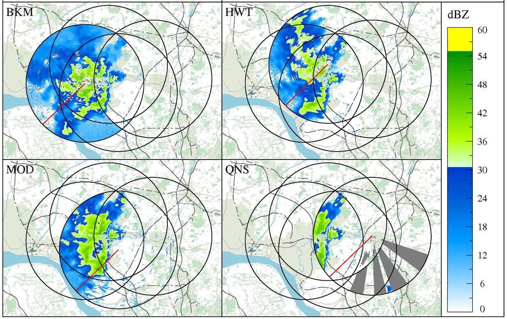 (a) (b) (c) (d) Figure 4: (a) Corrected and calibrated reflectivity field of radars BKM, HWT, MOD